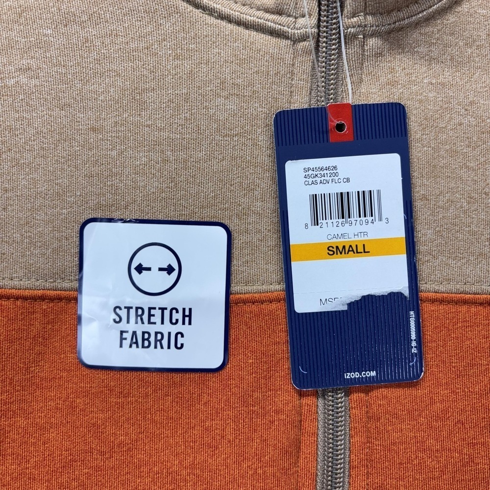 IZOD Sweatshirt Mens Small Camel Orange Navy Colorblock 1/4 Zip Stretch Fleece - Picture 3 of 13